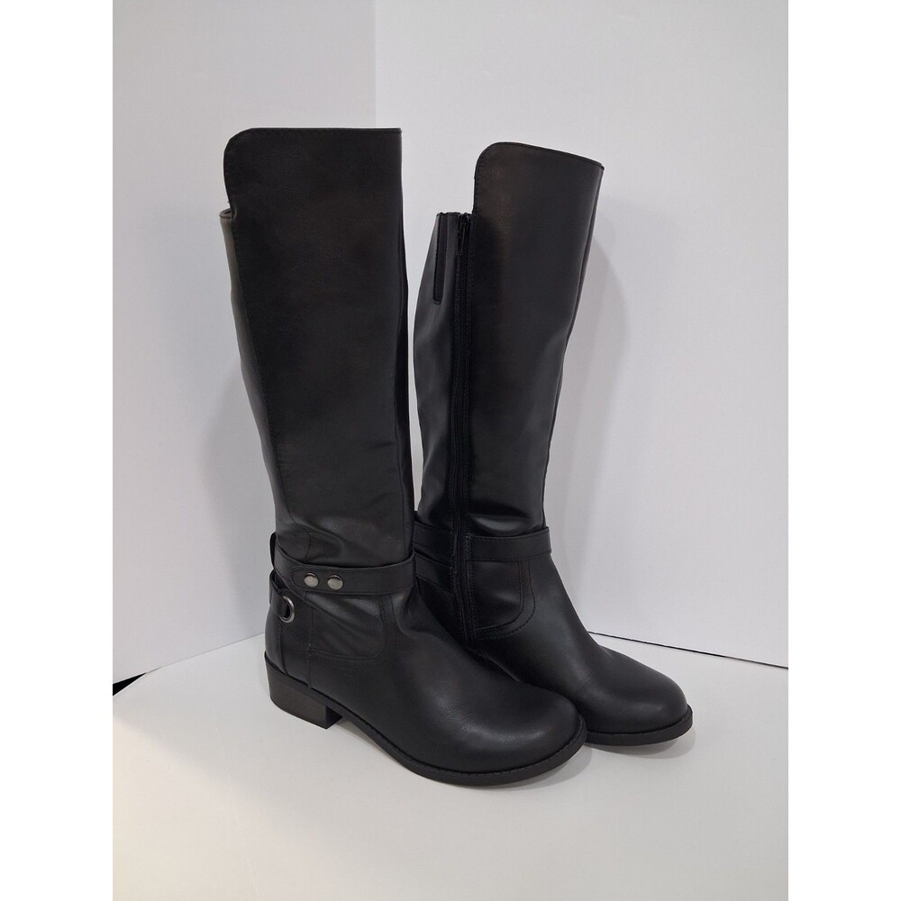 Arizona Tall Black Boots Riding Flat Block Heel Strappy Moto Size 8 Memory Foam
